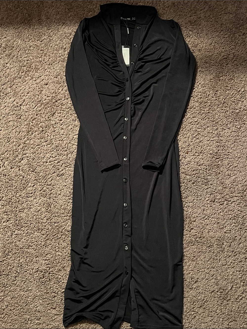 PrettyLittleThing Black Ruched Button-Front Long Sleeve Midi Dress